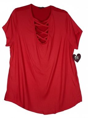 NWT Splash Red Criss Cross Neck Top Plus Size 3X Short Sleeve‎ Lattice Tee Soft
